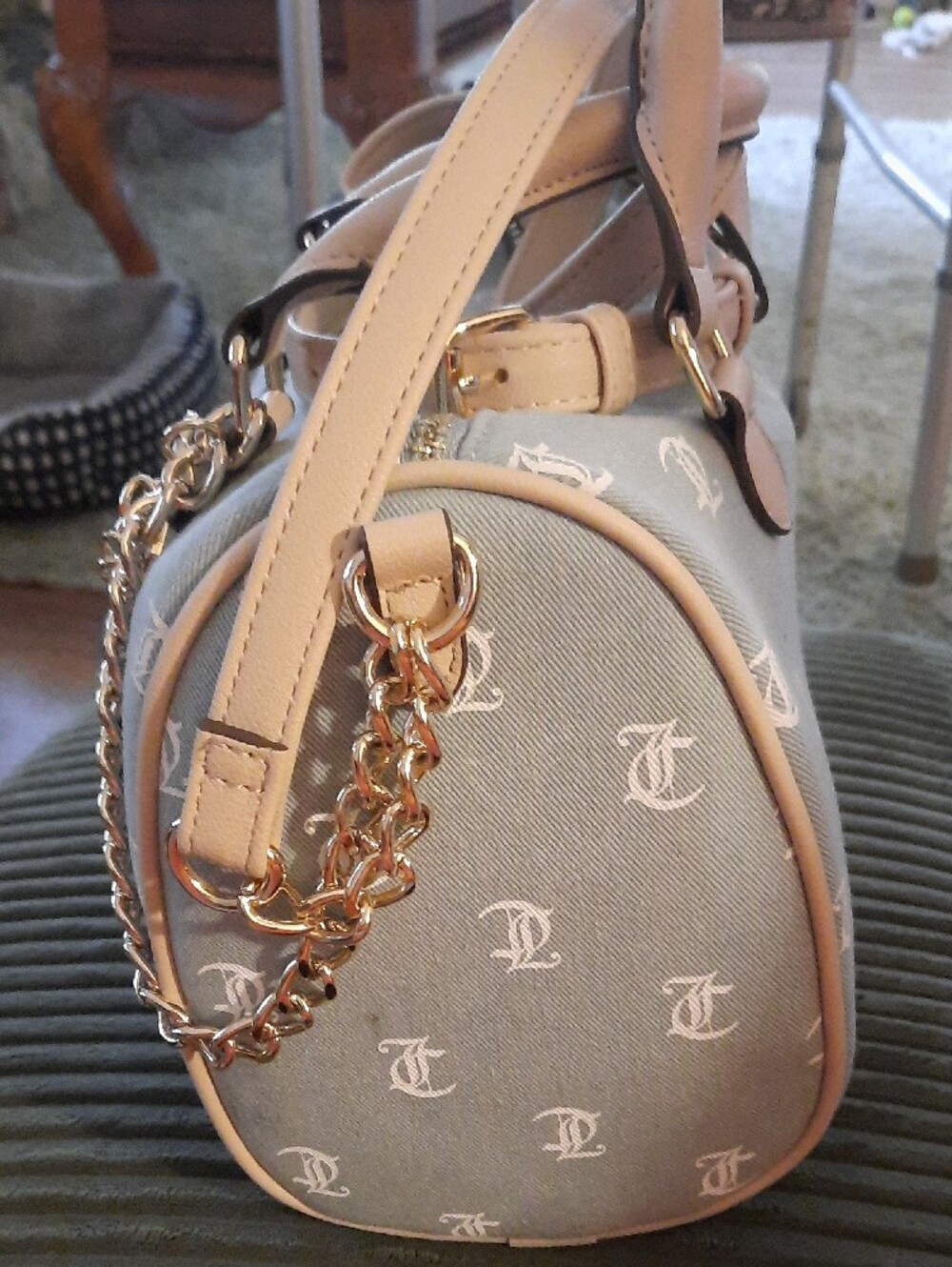Juicy Couture Gray Monogram Crossbody with Beige Trim and Red Strawberry Charm - Picture 2 of 5
